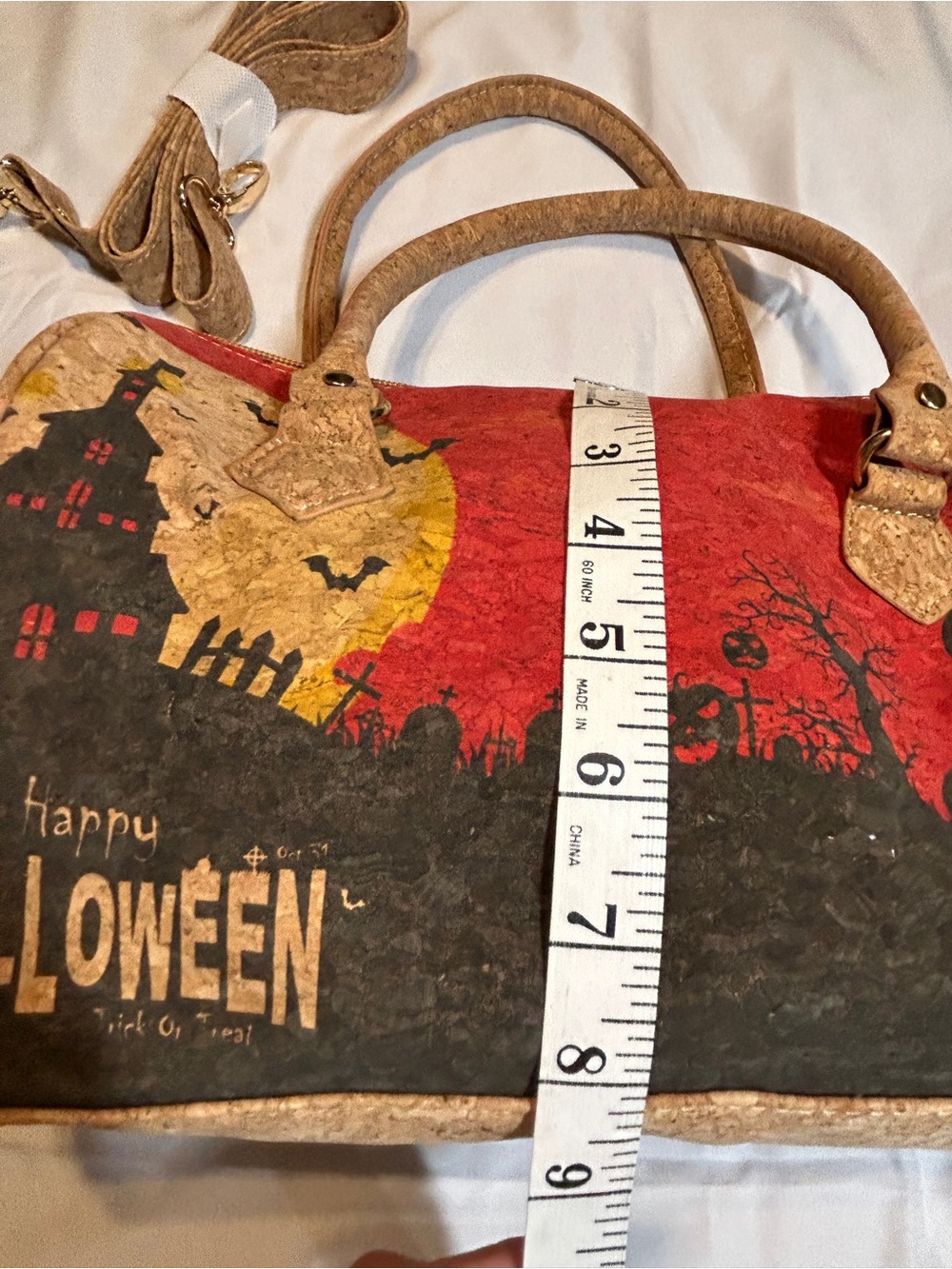 Halloween Cork Handbag Purse Haunted House Pumpkin Crossbody Shoulder Bag - Picture 3 of 5